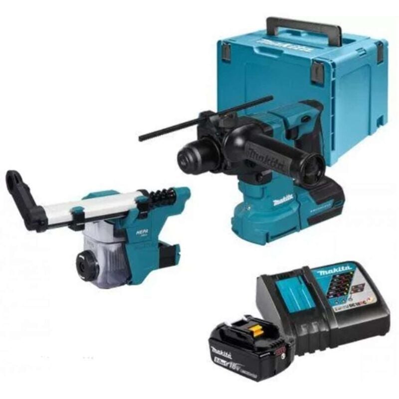 foto del prodotto makita martello combinato a batteria dhr183rtwj, 18v sds plus 2x 5,0 ah caricabatterie con aspiratore dx16
