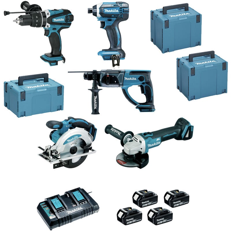 foto del prodotto makita pack di 5 utensili 18v li ion 5.0 ah perforatore scalpellatore avvitatore trapano a percussione smerigliatrice sega circolare