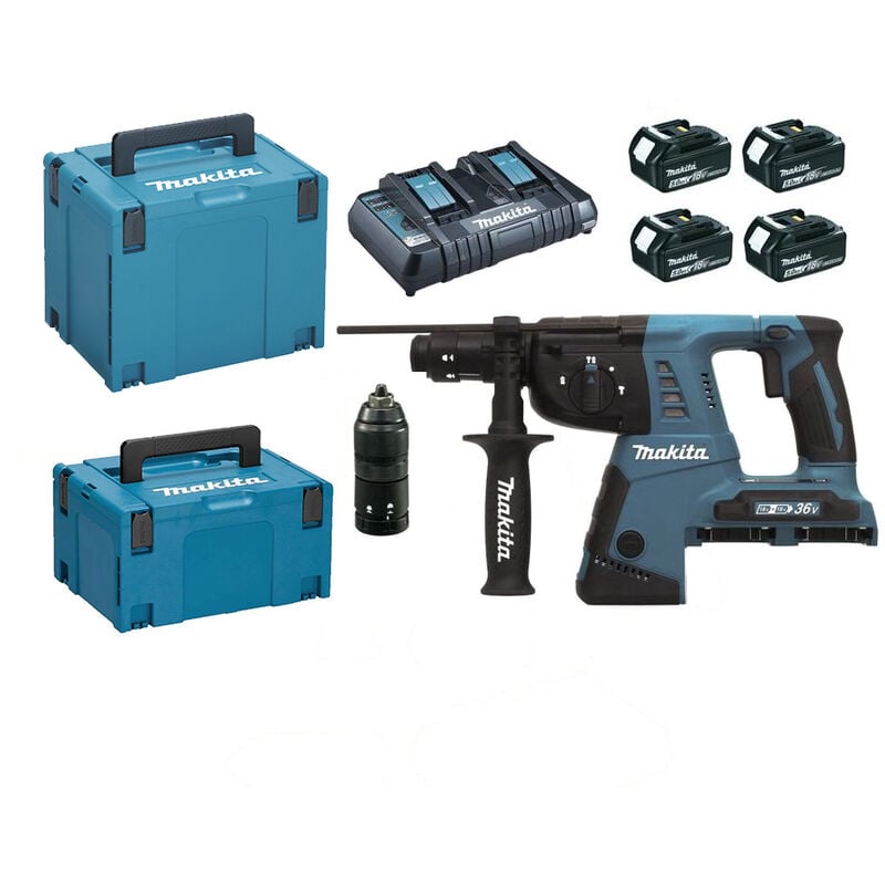 foto del prodotto makita perforatore scalpellatore sds 36 v 2x18 v li ion 5 ah 26 mm 4 batterie 1 caricabatteria rapido 2 valigette accessori dhr264pt4j