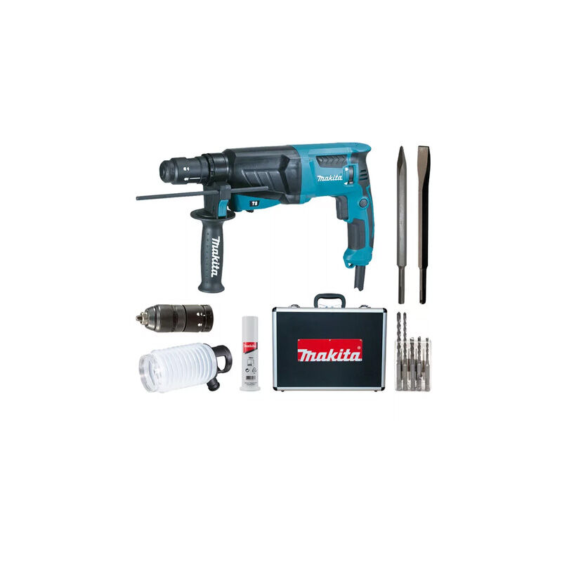foto del prodotto makita perforatore scalpellatore sds plus 800w 26mm valigetta in alluminio kit di accessori hr2631ftx4