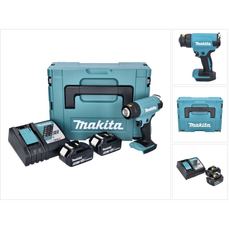 foto del prodotto makita pistola ad aria calda a batteria dhg 180 rgj 550 c 18v 2 batterie da 6,0ah caricatore valigetta makpac