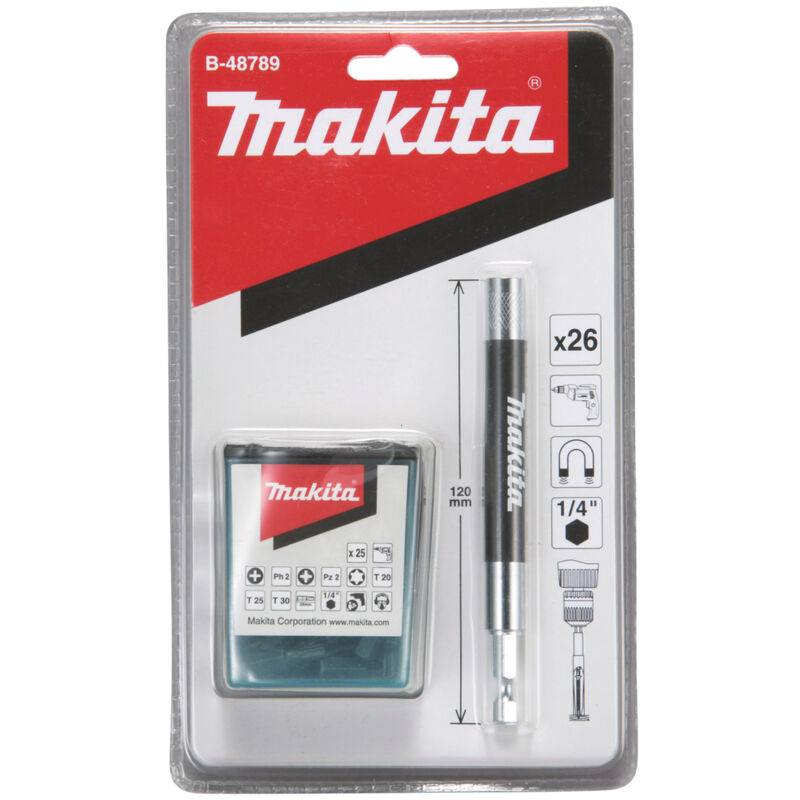 foto del prodotto makita portabit magnetico con manicotto scorrevole, 120 mm, incl. set di bit da 25 pezzi 1 4 120 mm 26 pezzi