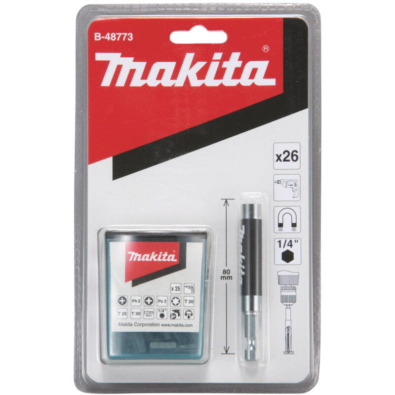foto del prodotto makita portabit magnetico con manicotto scorrevole, 80 mm, incl. set di bit da 25 pezzi 1 4 80 mm 26 pezzi