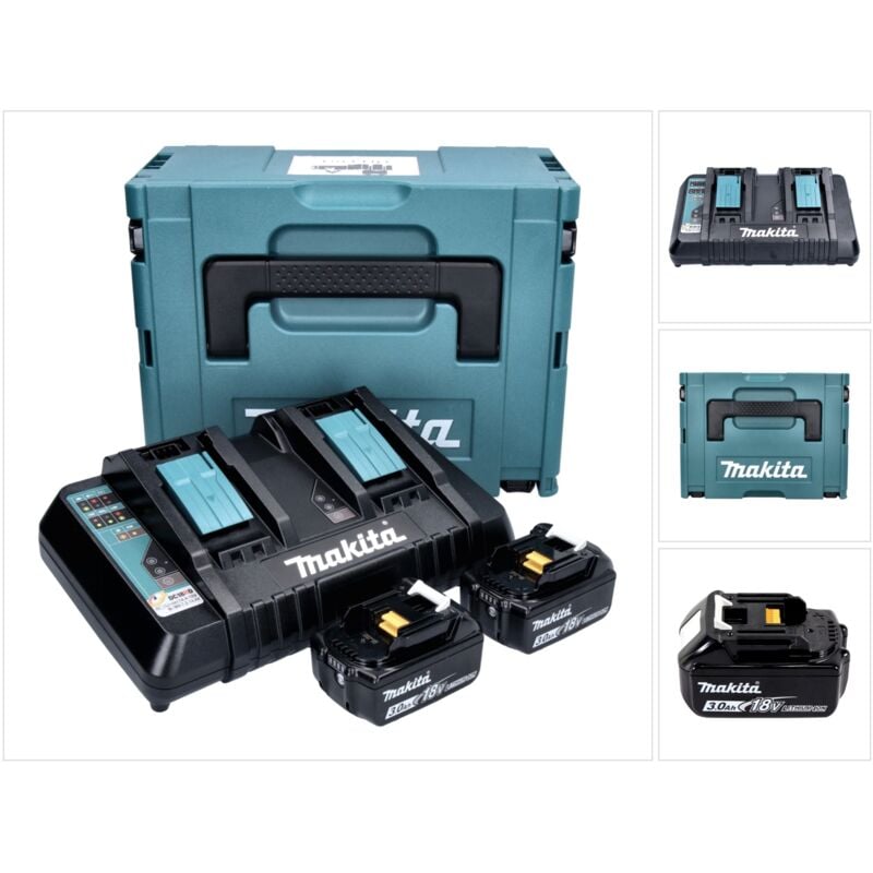 foto del prodotto makita set di 2 batterie bl1830b 3.0ah 18v caricatore rapido doppio dc18rd valigetta makpac 2x 197599 5 196933 6 