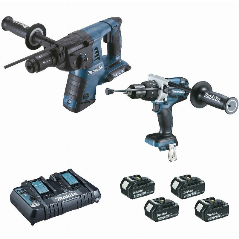 foto del prodotto makita set di 2 macchine 18 v li ion 5 ah dhr264 trapano dhp481 2 batterie, caricabatterie, custodia dlx2101ptj