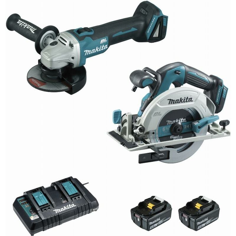 foto del prodotto makita set di 2 macchine 18 v li ion 5 ah sega dhs680 smerigliatrice dga506 2 batterie, caricabatterie, custodia dlx2277ptj