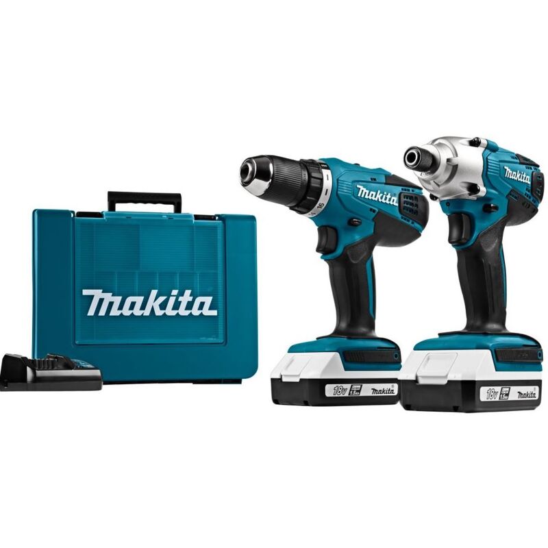 foto del prodotto makita set trapano a batteria e avvitatore a impulsi dk18a35x1 con batteria, caricabatterie e 30 punte df4880, td127d 