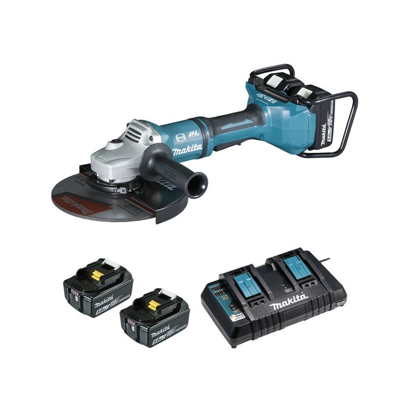 foto del prodotto makita smerigliatrice mm 36v 2x18v li ion 4 batterie 5ah 1 caricatore doppio rapido dga900zkpt