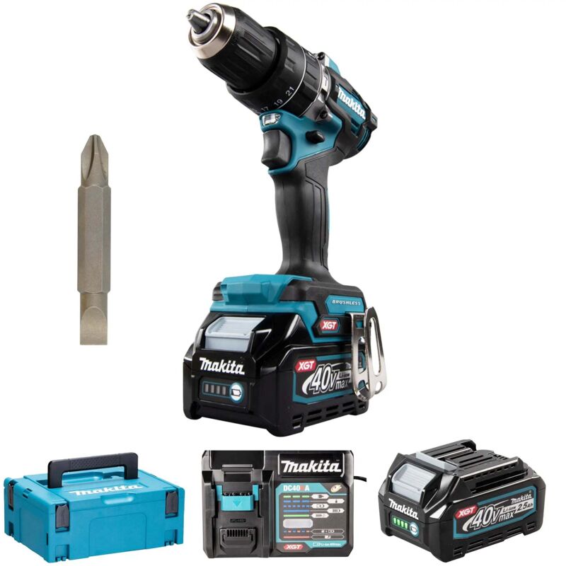 foto del prodotto makita trapano a percussione bl 54nm 40v max 2 batt. bl4025 caricabatterie dc40ra hp002gd201