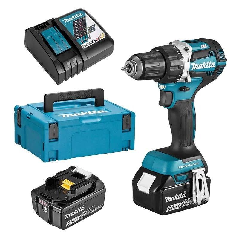 foto del prodotto makita trapano avvitatore 18v agli ioni di litio 5,0 ah 13 mm 2 batterie, caricabatterie, valigetta ddf484rtj