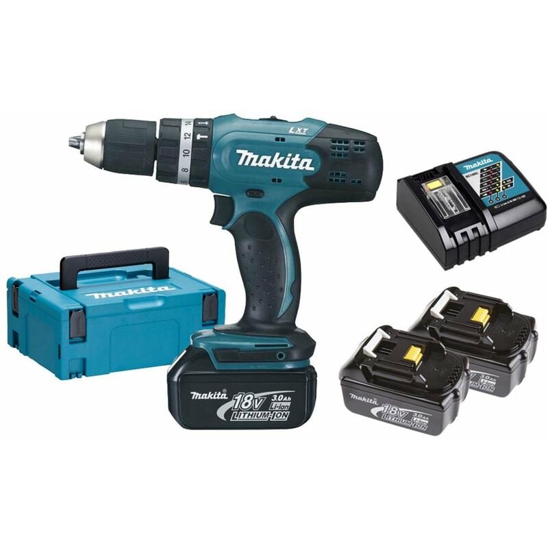foto del prodotto makita trapano avvitatore a percussione 18v 3ah 1300 giri min 19500 colpi min 3 batterie dhp453rf3j