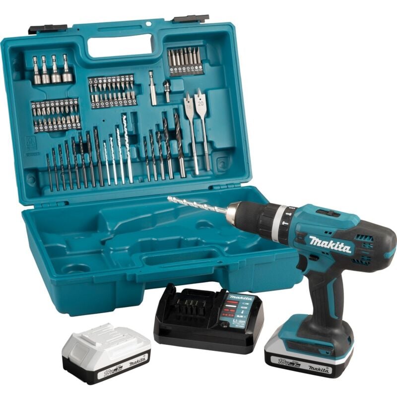 foto del prodotto makita trapano avvitatore a percussione hp488daex1 18v li ion 2 ah con due batterie, caricabatterie e set accessori