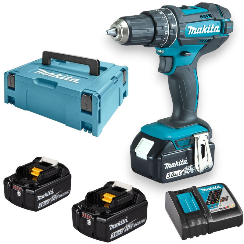 foto del prodotto makita trapano avvitatore professionale con percussione 2 velocit 18v 3ah con 3 batterie e valigetta makpac dhp482rf3j