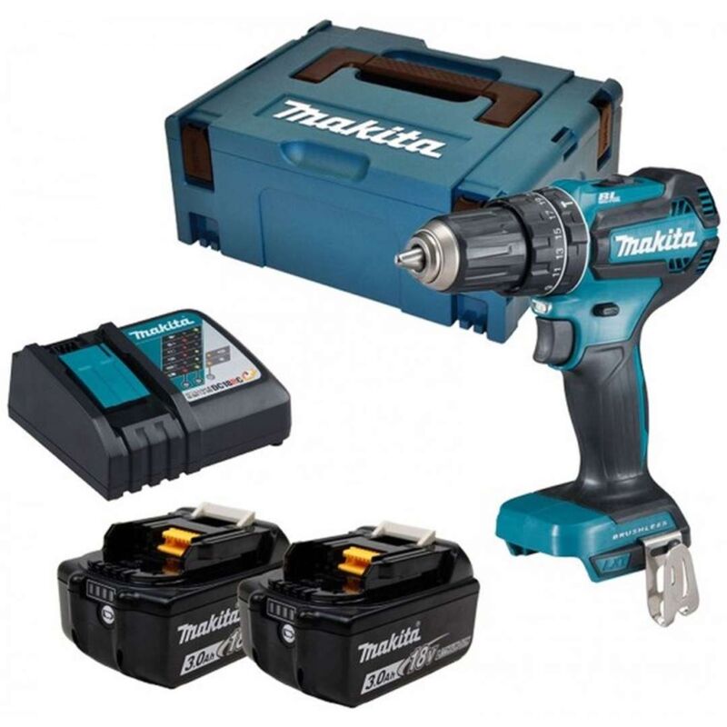 foto del prodotto makita utensili trapano avvitatore a percussione a batteria da 18 v, 2 batterie lxt da 3,0 ah, caricabatterie dhp485rfj