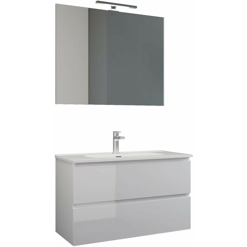 foto del prodotto mama store atena mobile sospeso con lavabo, specchio e lampada led laminato bianco lucido laccato l. 101 x p. 47 x h. 53 cm