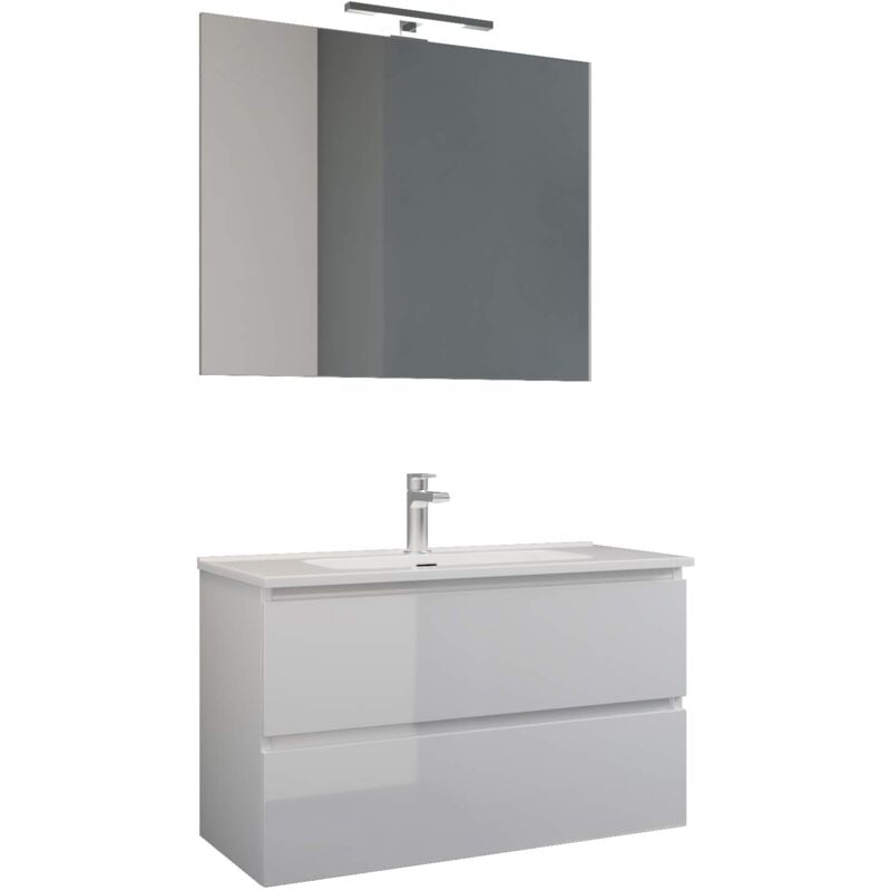 foto del prodotto mama store atena mobile sospeso con lavabo, specchio e lampada led, laminato, laccato bianco lucido, l. 81 x p. 47 x h. 53 cm
