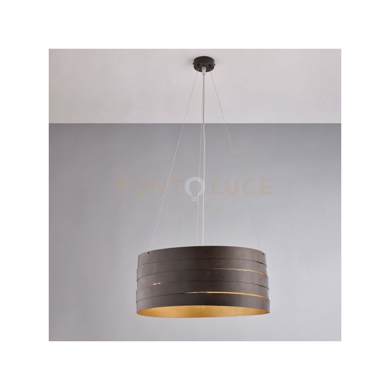 foto del prodotto mambo sospensione in ferro laccato nero con decoraz. esterna effetto ruggine e decoraz. interna oro antico con cavi acciaio regolabili 3 luci
