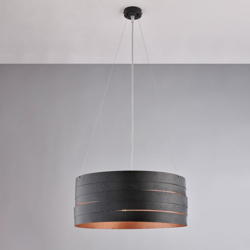 foto del prodotto mambo sospensione in ferro laccato nero con decoraz. esterna nera e decoraz. interna rame antico con cavi acciaio regolabili 3 luci 120 45