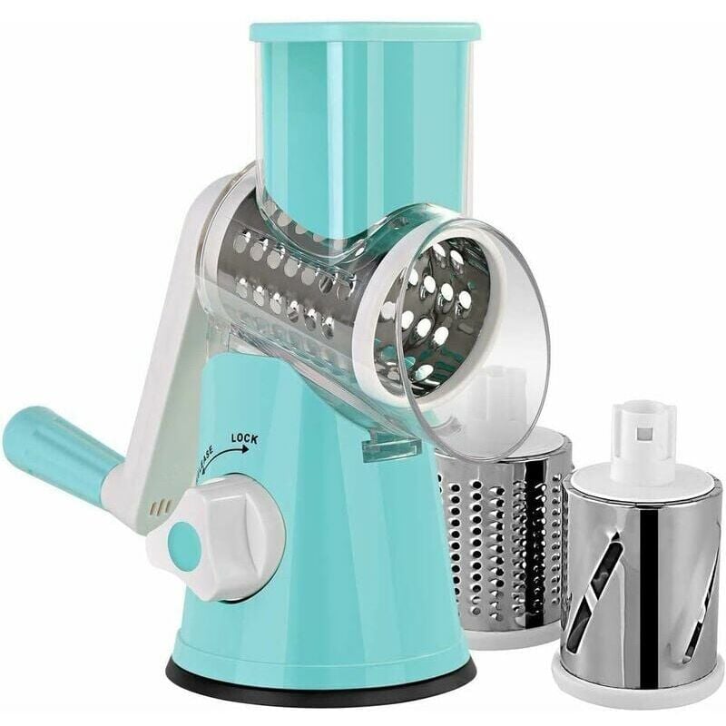 foto del prodotto mandolina per verdure manuale con 3 lame in acciaio inox, versatile per affettare, grattugiare verdure, formaggio, noci e frutta. ulisem