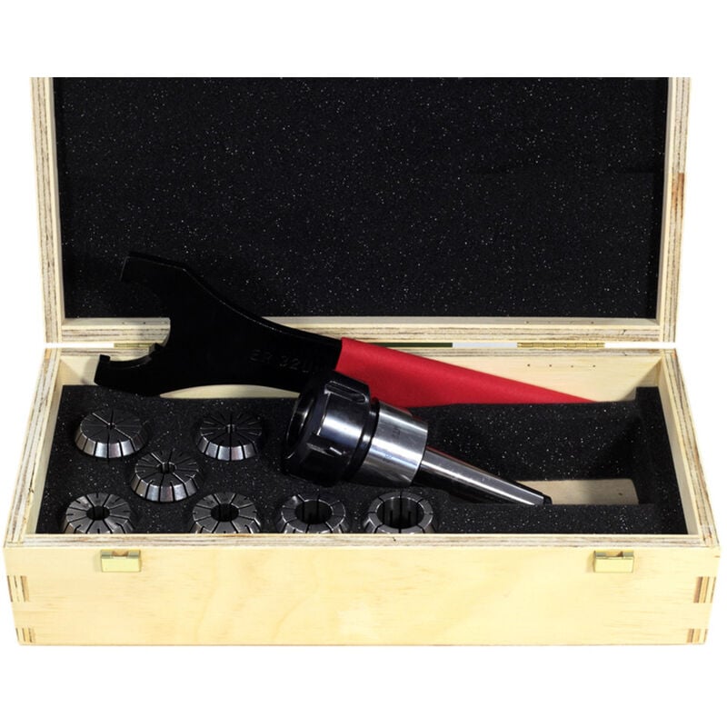 foto del prodotto mandrino porta frese cm3 completo di 7 pinze er32 e chiave per ghiera er32 prt tools