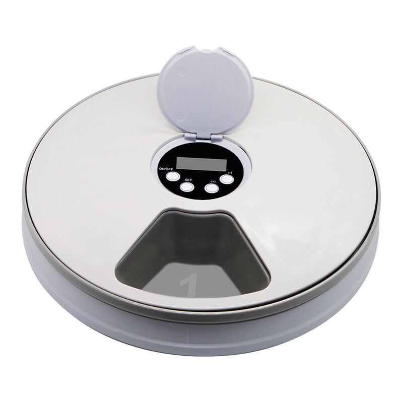 foto del prodotto mangiatoia automatica per gatti, cani, conigli e piccoli animali, 6 vassoi per pasti, cibo secco e umido con display lcd, timer digitale
