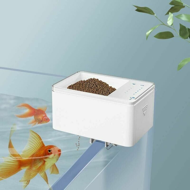 foto del prodotto mangiatoia automatica per pesci con timer digitale intelligente. alimentatore automatico a batteria da 70 ml ideale per acquari e laghetti con pesci.
