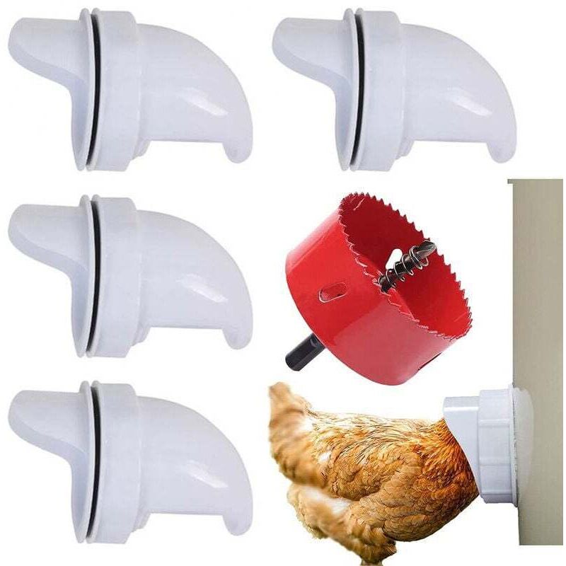 foto del prodotto mangiatoia automatica per polli, con 6 porte e sega a tazza, antipioggia, mangiatoia per polli senza sprechi, adatta per secchi, secchi, scatole,