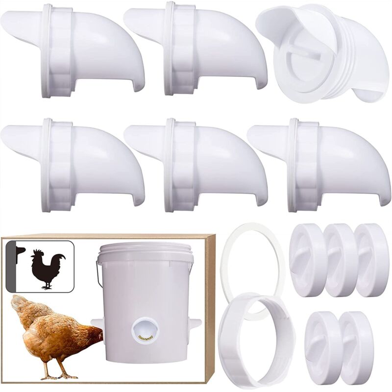 foto del prodotto mangiatoia automatica per polli, con 6 porte e sega a tazza, antipioggia, mangiatoia per polli senza sprechi, adatta per secchi, secchi, scatole,