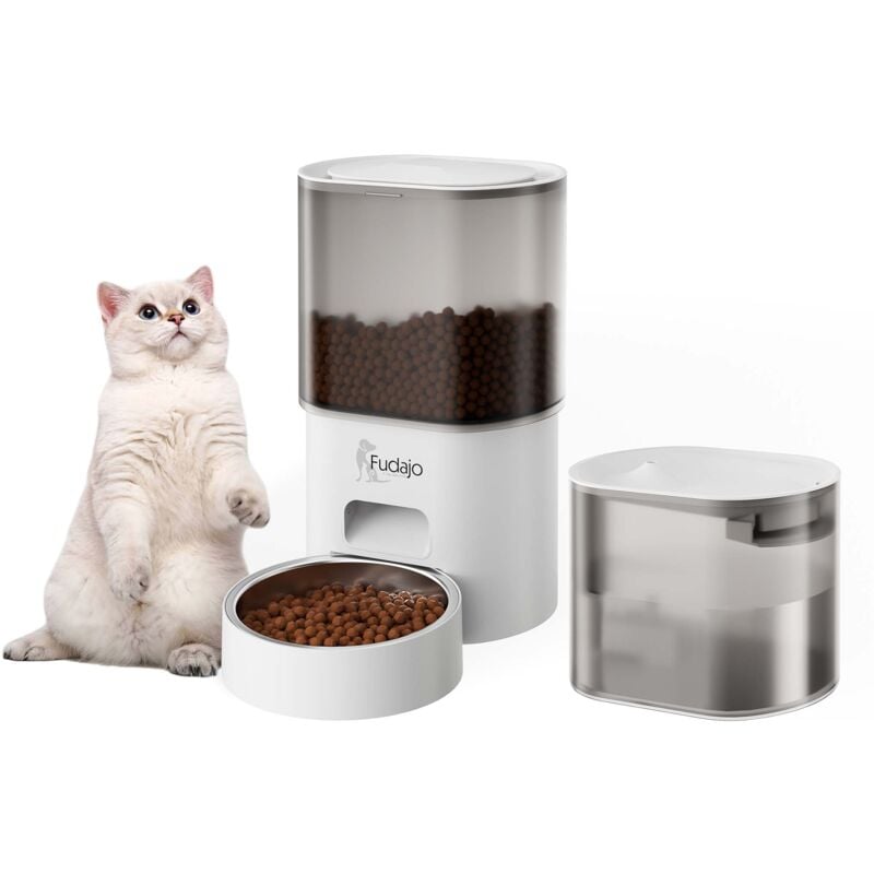 foto del prodotto mangiatoia e abbeveratoio automatico per cani e gatti, distributore automatico di cibo da 3 litri e abbeveratoio da 2,5 litri, controllo mangime via