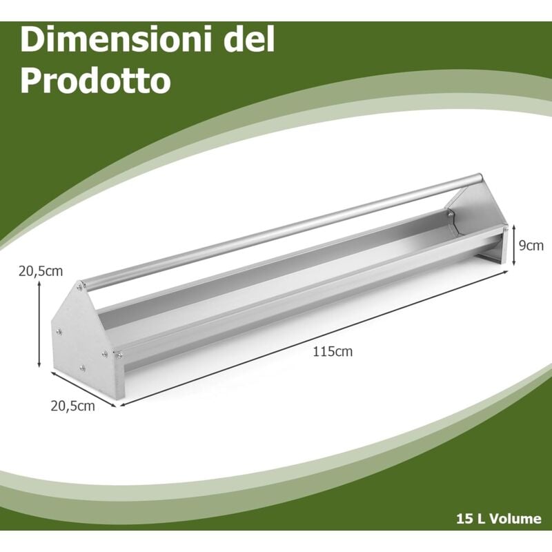 foto del prodotto mangiatoia per pollame 115 cm e 15 l, in metallo zincato, pesante e resistente con traversa, fori di drenaggio, tappi, perr galline, anatre, oche,