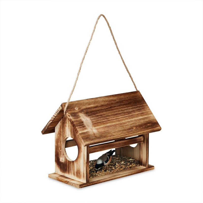 foto del prodotto mangiatoia per uccelli, casetta in legno bruciato, appendere, per mangime uccellini, hlp 24x30x21 cm, marrone relaxdays