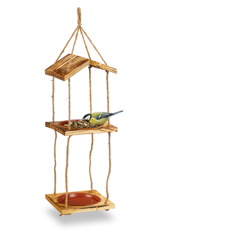 foto del prodotto mangiatoia per uccelli, con 2 ciotole per uccellini selvatici, da appendere, hlp 73x20x20 cm, legno, naturale relaxdays