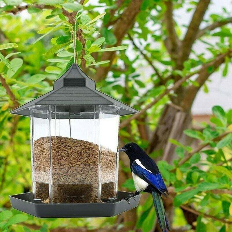 foto del prodotto mangiatoia per uccelli, contenitore per cibo per uccelli impermeabile e sospeso con tetto e vassoio per giardino esterno, patio, cortile, mangiatoia