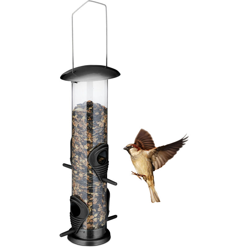 foto del prodotto mangiatoia per uccelli da appendere, distributore cibo, in ferro e plastica, hxd 42 x 13 cm, 4 posatoi, nero relaxdays