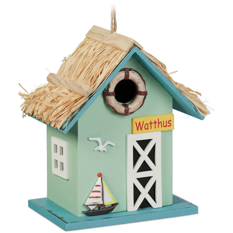foto del prodotto mangiatoia per uccelli decorativa, casetta in legno da appendere, con tettino, 24,5 x 19 x 13,5 cm, colorata relaxdays