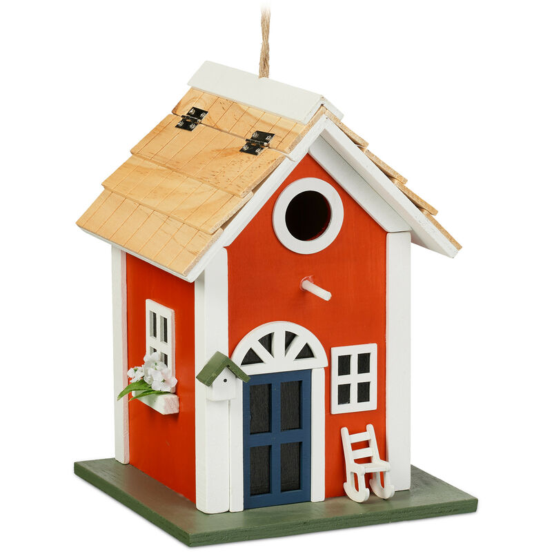 foto del prodotto mangiatoia per uccelli decorativa, casetta in legno da appendere, con tettino, 25 x 18,5 x 18,5 cm, colorata relaxdays