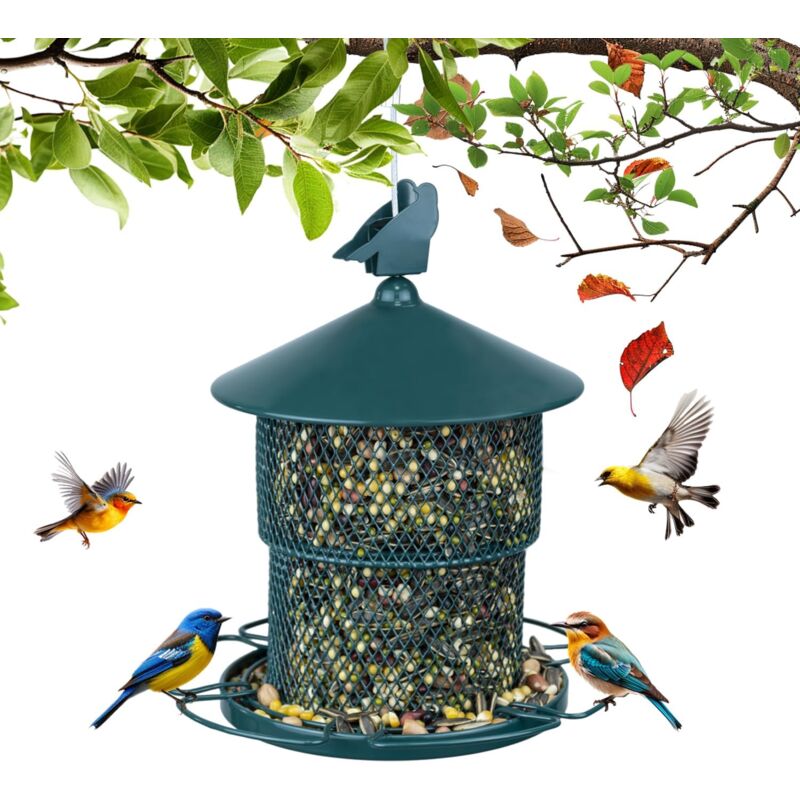foto del prodotto mangiatoia per uccelli, mangiatoia per uccelli selvatici in metallo da appendere all'esterno, capacità di semi, tubo a rete, mangiatoie per semi di girasole, decorazione del giardino, verde