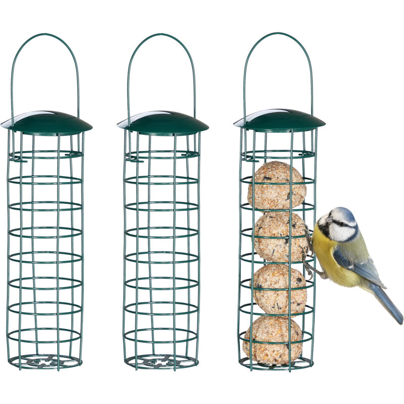 foto del prodotto mangiatoia per uccelli selvatici, 3 dispenser da appendere per mangime, coperchio, hxd 31x8,5 cm, verde scuro relaxdays