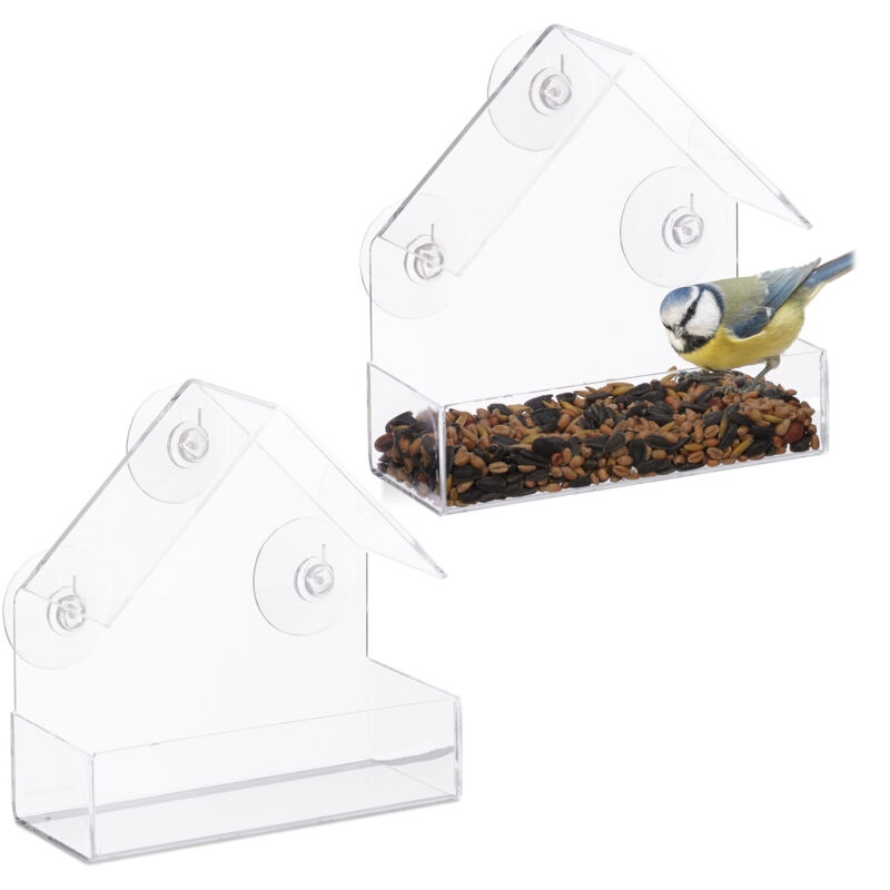 foto del prodotto mangiatoia per uccelli selvatici, set 2 casette semi per volatili con 3 ventose, hlp 15x15x7 cm, trasparente relaxdays