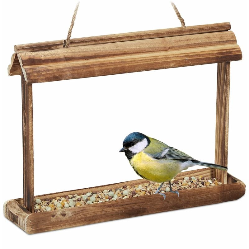 foto del prodotto mangiatoie per uccelli, casette in legno dispenser di mangime da esterno, decorazione da giardino, marrone relaxdays