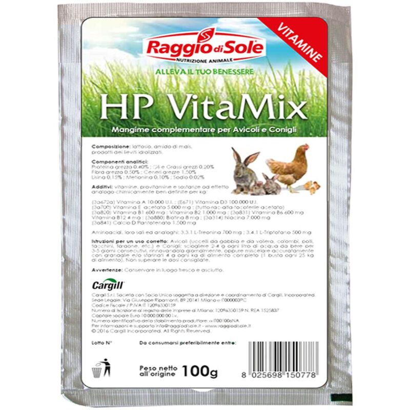 foto del prodotto mangime complementare per volatili e conigli hp vitamix 100 gr