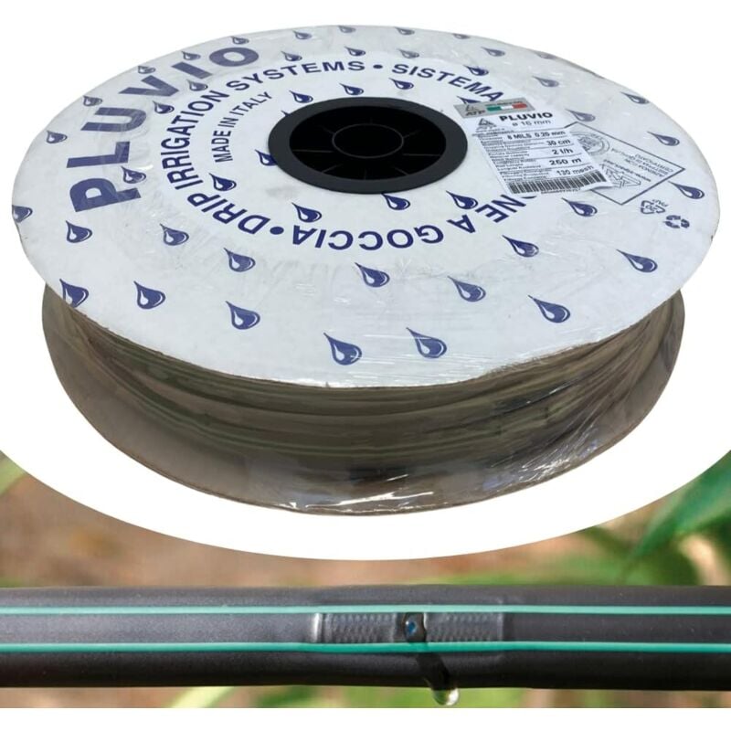 foto del prodotto manichetta gocciolante pluvio 16 mm passo 30 cm, tubo piatto per irrigazione a goccia, 2 litri ora, 8 mils, bobina da 250 metri made in italy
