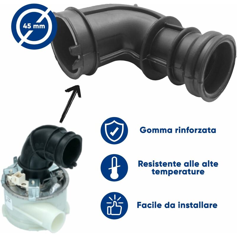 foto del prodotto manicotto tubo curvo pozzetto raccordo per elettropompa compatibile con lavastoviglie hotpoint ariston indesit, diametro 450 mm modelli adg bci