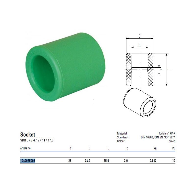 foto del prodotto manicotto verde diametro 25mm attacchi f f per sistemi aquatherm 1040025003