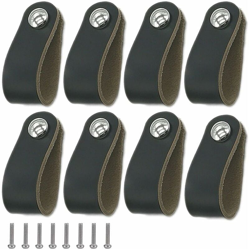 foto del prodotto maniglia in pelle da 8 pezzi, maniglia per mobile in pelle nera, maniglia in pelle con viti, maniglia per porta in morbida pelle pu, facile da