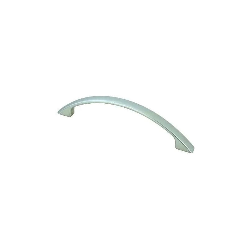 foto del prodotto maniglia moderna curva in zama nichelata satinata, l.120mm, l.11mm, p.21mm, interasse 96mm, 1 pezzo con viti.
