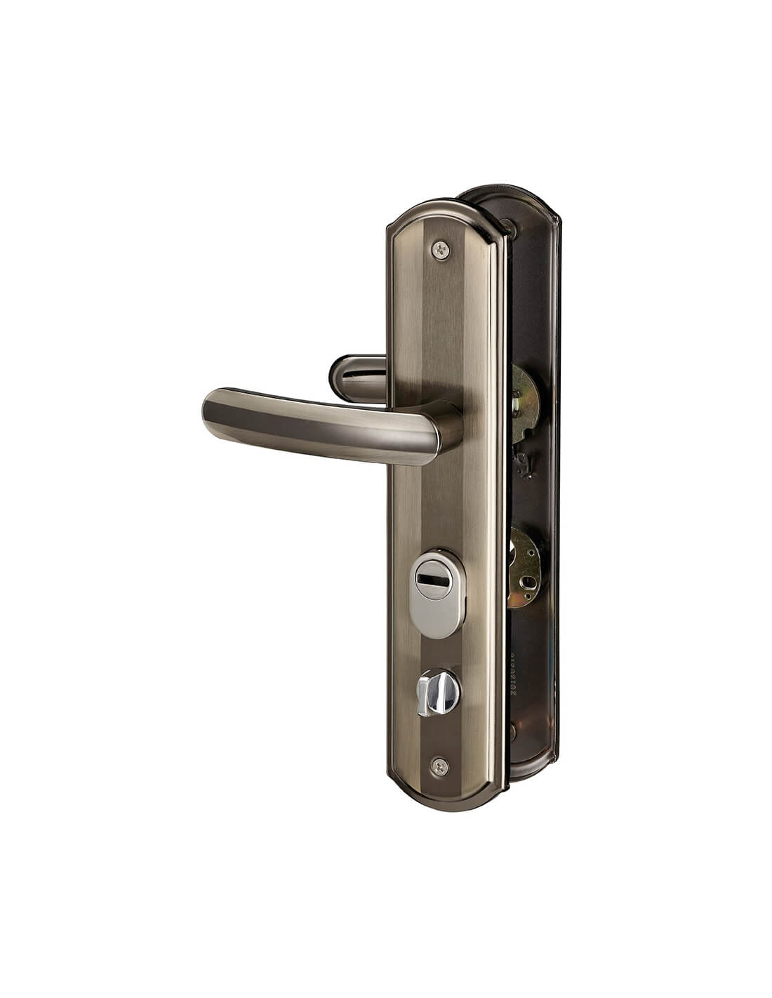 foto del prodotto maniglia per porta d 39 ingresso set 68mm con defender integrato, alluminio brunito, apertura destra thirard