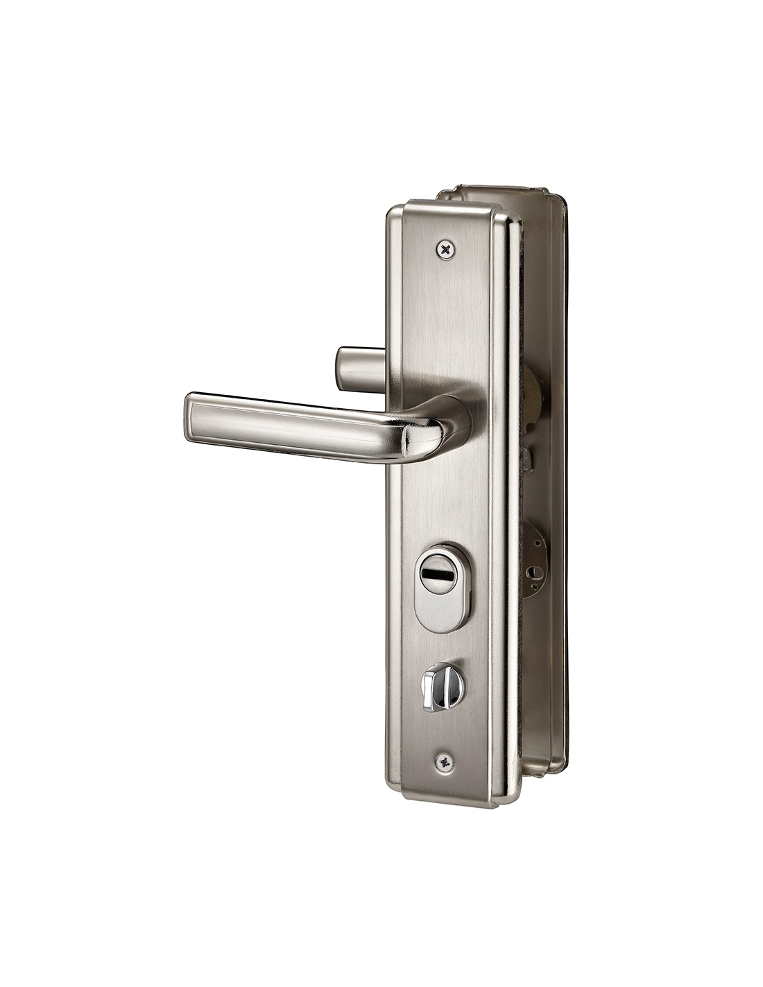 foto del prodotto maniglia per porta d 39 ingresso set 68mm con defender integrato, alluminio satinato, apertura destra thirard