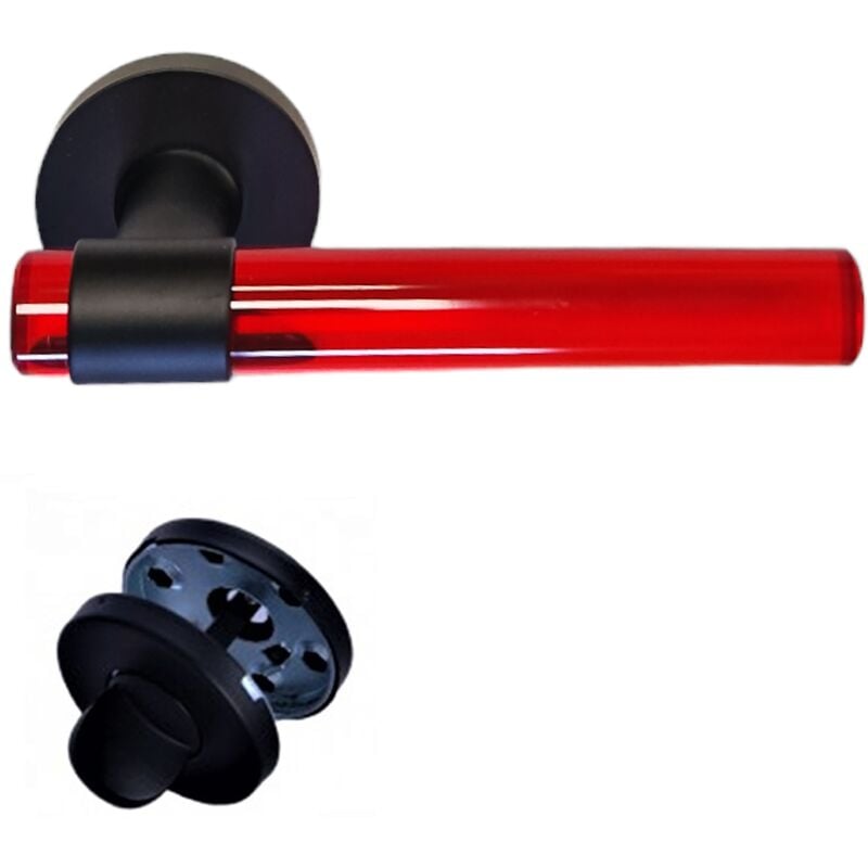 foto del prodotto maniglie delle porte in cristallo di plexiglas rosso joy su gambe in acciaio inox nero. 1 coppia di coccarde di condanna