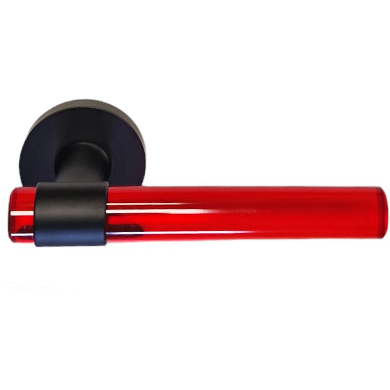 foto del prodotto maniglie delle porte in cristallo di plexiglas rosso joy su gambe in acciaio inox nero. senza rosette di funzione